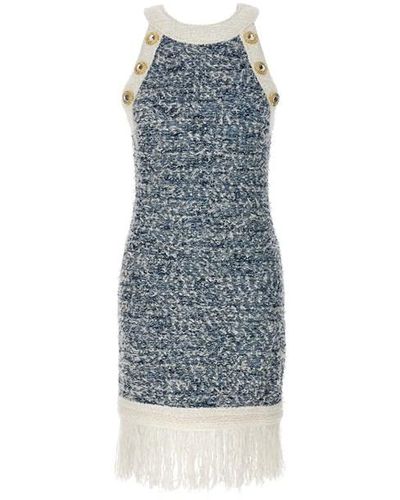 Balmain 'fringed Tweed' Dress - Blue