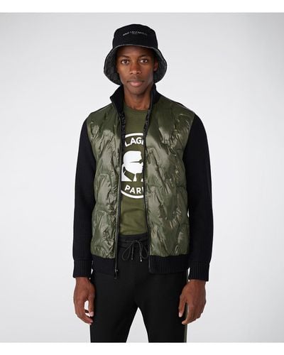 Karl Lagerfeld | Men's Color Block & Fabric Block Zip Up Quilted Sweater | Olive Black Green | Size Xs