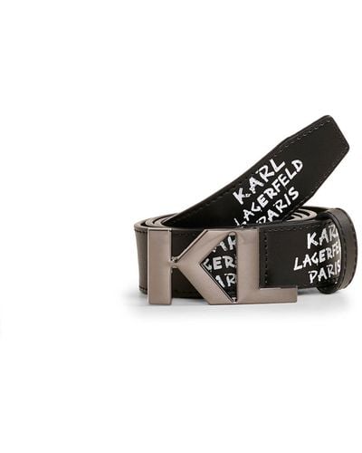 Karl Lagerfeld | Men's Graffiti Logo Leather Belt With Gunmetal Kl Buckl | Black - White