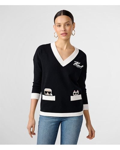 Karl Lagerfeld | Women's Peeking Karl & Choupette Varsity Pullover | Black/soft White | Cotton/nylon | Size Small