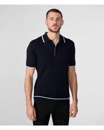 Karl Lagerfeld | Men's Textured Short Sleeve Sweater Polo Shirt | Navy Blue | Size Large - Black