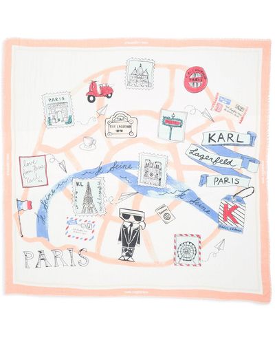 Karl Lagerfeld | Paris Map Print Square Scarf | Papaya - Blue