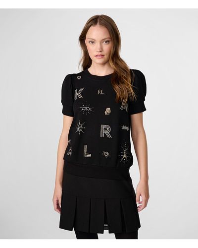 Karl Lagerfeld | Women's Whimsy Sparkle Embellished Top | Black | Polyester/spandex | Size 2xs