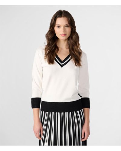Karl Lagerfeld | Women's Collegiate Stripe V-neck Sweater | Soft White/black | Size Medium