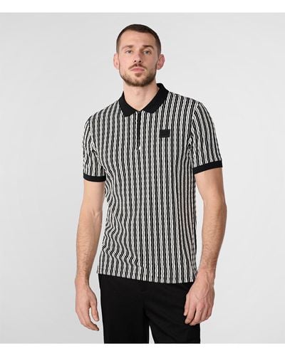 Karl Lagerfeld | Men's Wavy Texture Zip Performance Polo Shirt | Black/white | Size Small - Gray