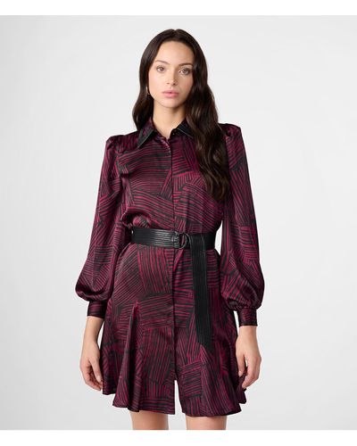 Karl Lagerfeld | Women's Faux Leather Trim Belted Shirt Dress | Black/port Wine - Red