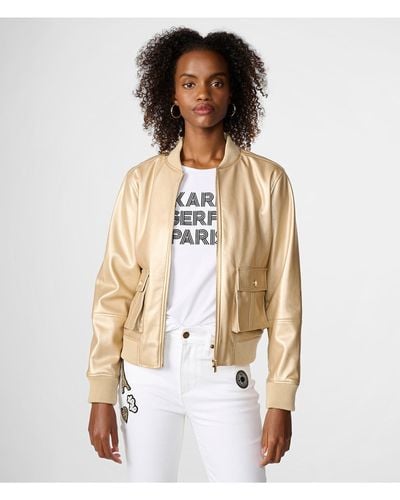 Karl Lagerfeld | Women's Metallic Faux Leather Bomber Jacket | Pale Gold Yellow | Size Large - Natural