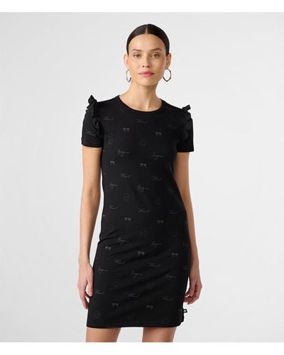 Karl Lagerfeld | Women's Ruffle Sleeve Embroidered T-shirt Dress | Black | Cotton/spandex | Size Xs