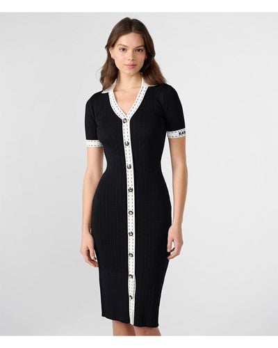 Karl Lagerfeld | Women's Contrast Stitch Collared Knit Dress | Black | Nylon/rayon | Size Xs