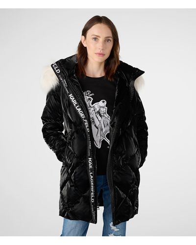 Karl Lagerfeld | Women's Glossy Diamond Quilt Logo Puffer Jacket | Black | Size Small