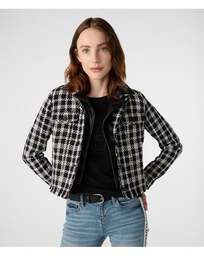 Karl Lagerfeld | Women's Tweed Plaid And Faux Leather Moto Jacket | Black/white | Size Xs