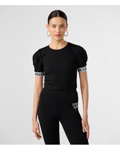 Karl Lagerfeld | Women's Ribbed Puff Logo Sleeve Top | Black | Size 2xs