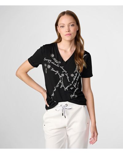 Karl Lagerfeld | Women's Luxe Embellished V-neck T-shirt | Black | Cotton/spandex | Size 2xs