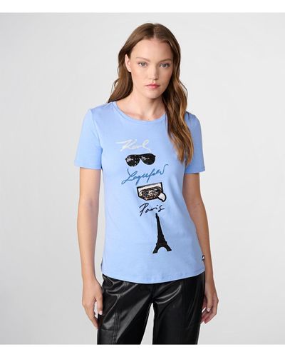Karl Lagerfeld | Women's Sequin Whimsy T-shirt | Hydrangea Purple | Cotton/spandex | Size Xs - Blue