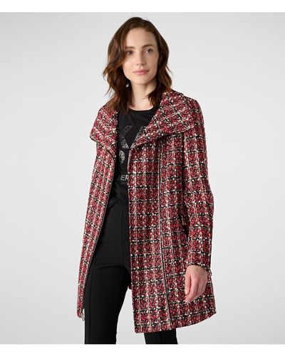 Karl Lagerfeld | Women's Plaid Sequins Zip Front Tweed Coat | Red | Size Xs