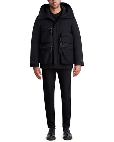 Karl Lagerfeld | Men's Hooded Wool Blend Military Jacket | Black | Acrylic/polyester | Size Xs