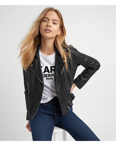 Karl Lagerfeld | Women's Tumble Leather Moto Jacket | Black | Size Small - Blue
