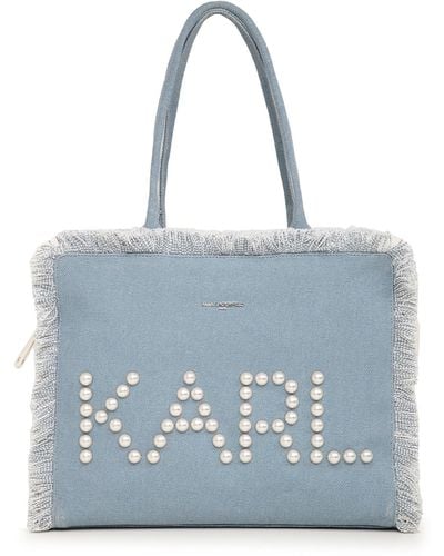 Karl Lagerfeld | Women's Margot Fringe Canvas Zip Tote Bag | Light Wash Blue | Size