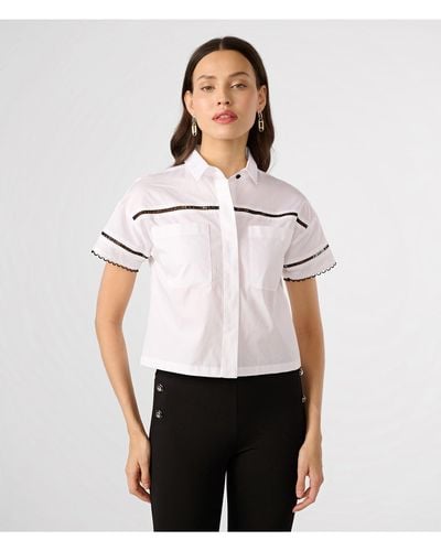 Karl Lagerfeld | Women's Logo Lace Trim Cropped White Shirt | White/black | Size Xs