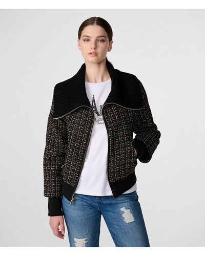 Karl Lagerfeld | Women's Knit Collar Tweed Bomber Jacket | Black/gold | Size Medium