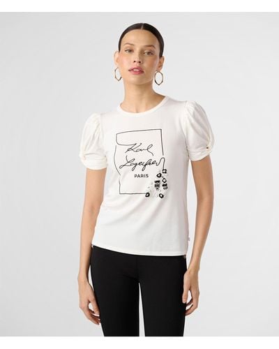 Karl Lagerfeld | Women's Puff Sleeve Whimsy Logo T-shirt | Soft White | Cottton/modal/spandex | Size 2xs