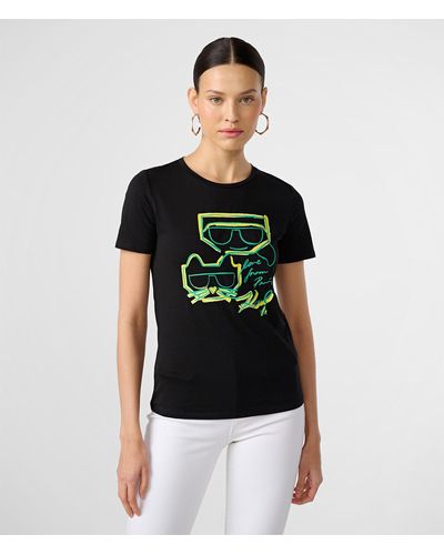 Karl Lagerfeld | Women's Karl And Choupette Outline Logo T-shirt | Black/kelly Green/chartre | Cotton/spandex | Size 2xs