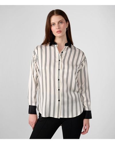 Karl Lagerfeld | Women's Satin Back Stripe Button Down Blouse | Cream/black | Size 2xs - White