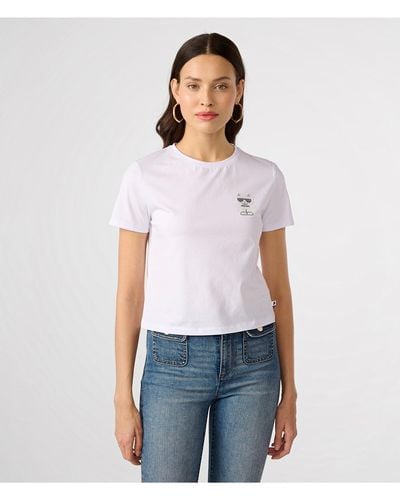 Karl Lagerfeld | Women's Sequin Choupette Cropped T-shirt | White | Cotton/spandex | Size 2xs