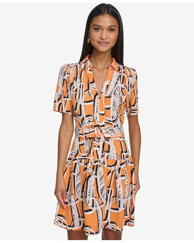 Karl Lagerfeld | Women's Short Sleeve Printed Shirt Dress | Tangerine - Orange