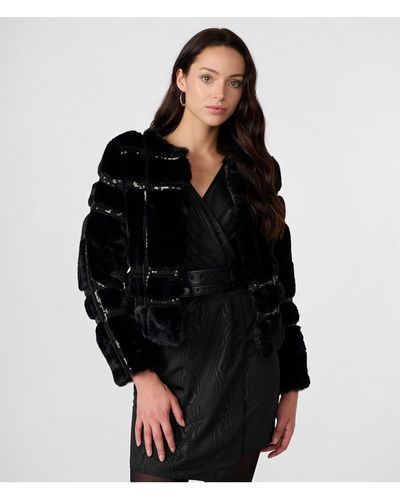 Karl Lagerfeld | Women's Sequin Trimmed Faux Fur Jacket | Black | Size Small
