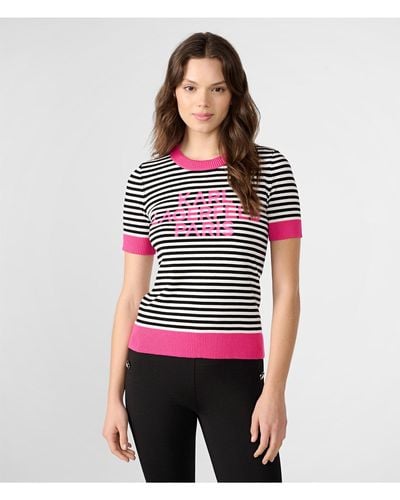 Karl Lagerfeld | Women's Short Sleeve Striped Logo Sweater | Soft White/black/fuschia | Rayon/nylon | Size 2xs - Red