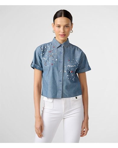Karl Lagerfeld | Women's Whimsy Pins Chambray Button Down Shirt | Icelandic Blue Wash | Size Xs