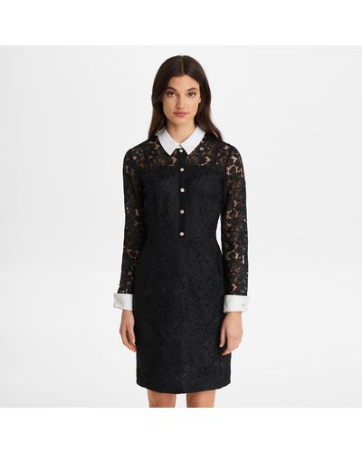 Karl Lagerfeld Long Sleeve Lace Collared Dress - Black