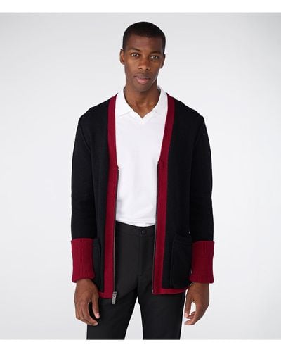 Karl Lagerfeld | Men's Wool Zip Front Cardigan | Black/red | Size 2xl
