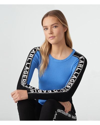Karl Lagerfeld | Logo Tape Ribbed Colorblock Crewneck Shirt | Heather Marina Blue | Rayon/nylon | Size 2xs