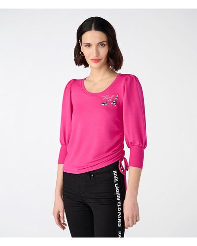 Karl Lagerfeld | Women's Knit Puff Sleeve With Patches Shirt | Cerise Pink | Size 2xs