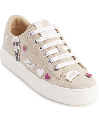 Karl Lagerfeld | Women's Cate Pins Lace Up Sparkle Linen Sneakers | Natural/silver - White