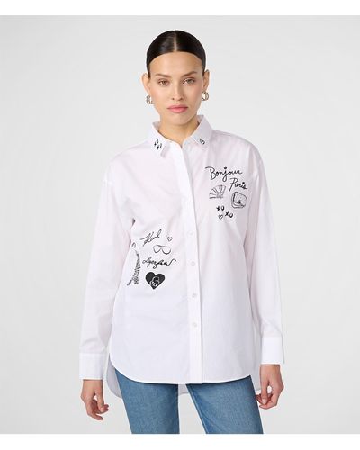Karl Lagerfeld | Women's Bonjour Paris Poplin Shirt- | White | Cotton Poplin | Size Large