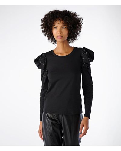 Karl Lagerfeld | Women's Puff Sleeve Knit W/ Embellished Sleeves Shirt | Black | Size 2xs