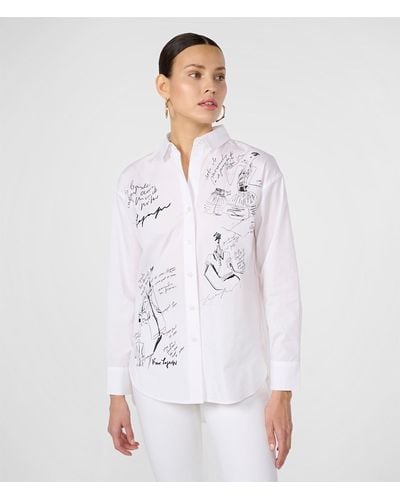 Karl Lagerfeld | Women's Long Sleeve Shirt With Sketch Sayings | White | Cotton Poplin | Size 2xs