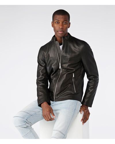 Karl Lagerfeld | Men's Leather Moto With Exposed Metal Zippers Jacket | Black | Size Large