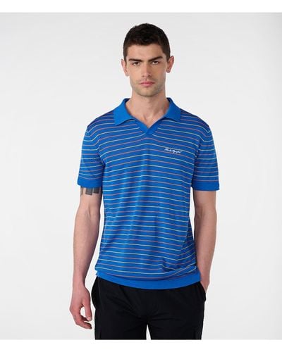 Karl Lagerfeld | Men's Light Weight Cotton Stripped Sweater Polo Shirt | Blue | Size Small