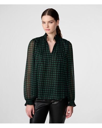 Karl Lagerfeld | Women's Houndstooth Smocked Detail Chiffon Blouse | Black/deep Forest | Size Xs - Green