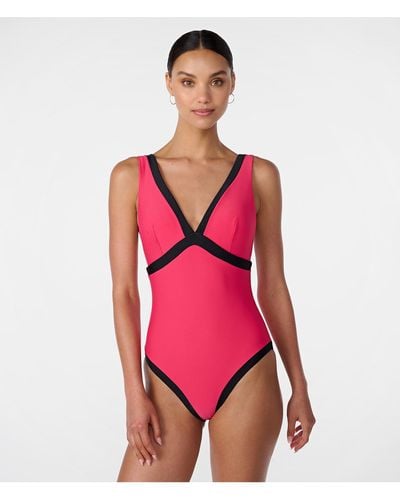 Karl Lagerfeld | Women's Marion Plunge-neck One-piece | Raspberry Pink | Polyester/spandex | Size Xs - Red
