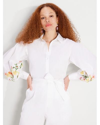 Kate Spade Embroidered Gathered Sleeve Shirt - White