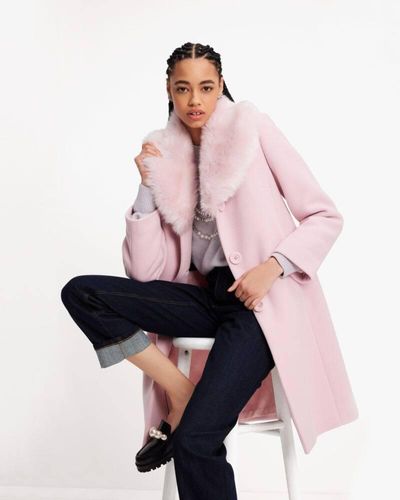 Kate Spade Faux Fur Lapel Wool Coat - Pink