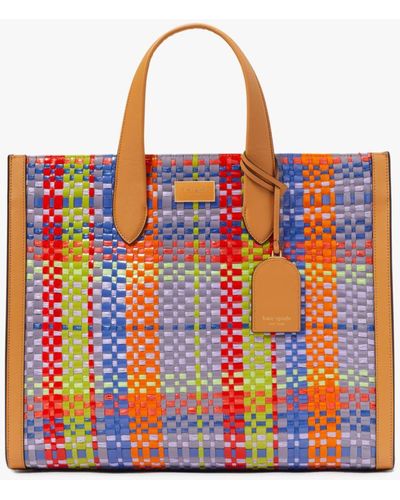 Kate Spade Manhattan Madras Plaid Woven Straw Large Tote - Red