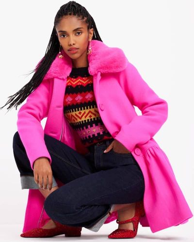 Kate Spade Faux Fur Flounce Wool Coat - Pink