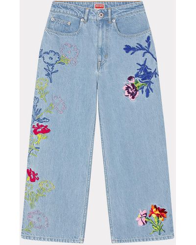 KENZO Sumire ' Drawn Flowers' Embroidered Cropped Jeans - Blue