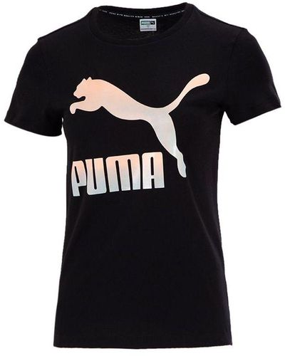PUMA Classics Contrasting Colors Logo Printing Sports Round Neck Short Sleeve - Black
